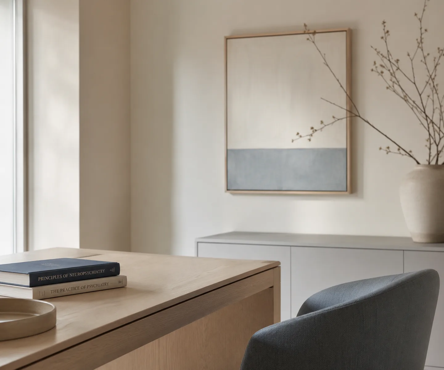 Calm consultation office with an oak desk, psychiatry reference books, and slate-blue artwork