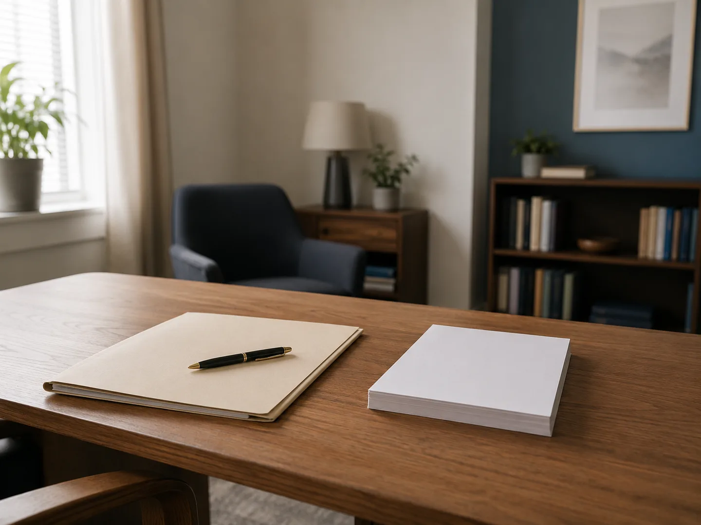 Consultation desk with a closed folder, pen, and a stack of intake forms