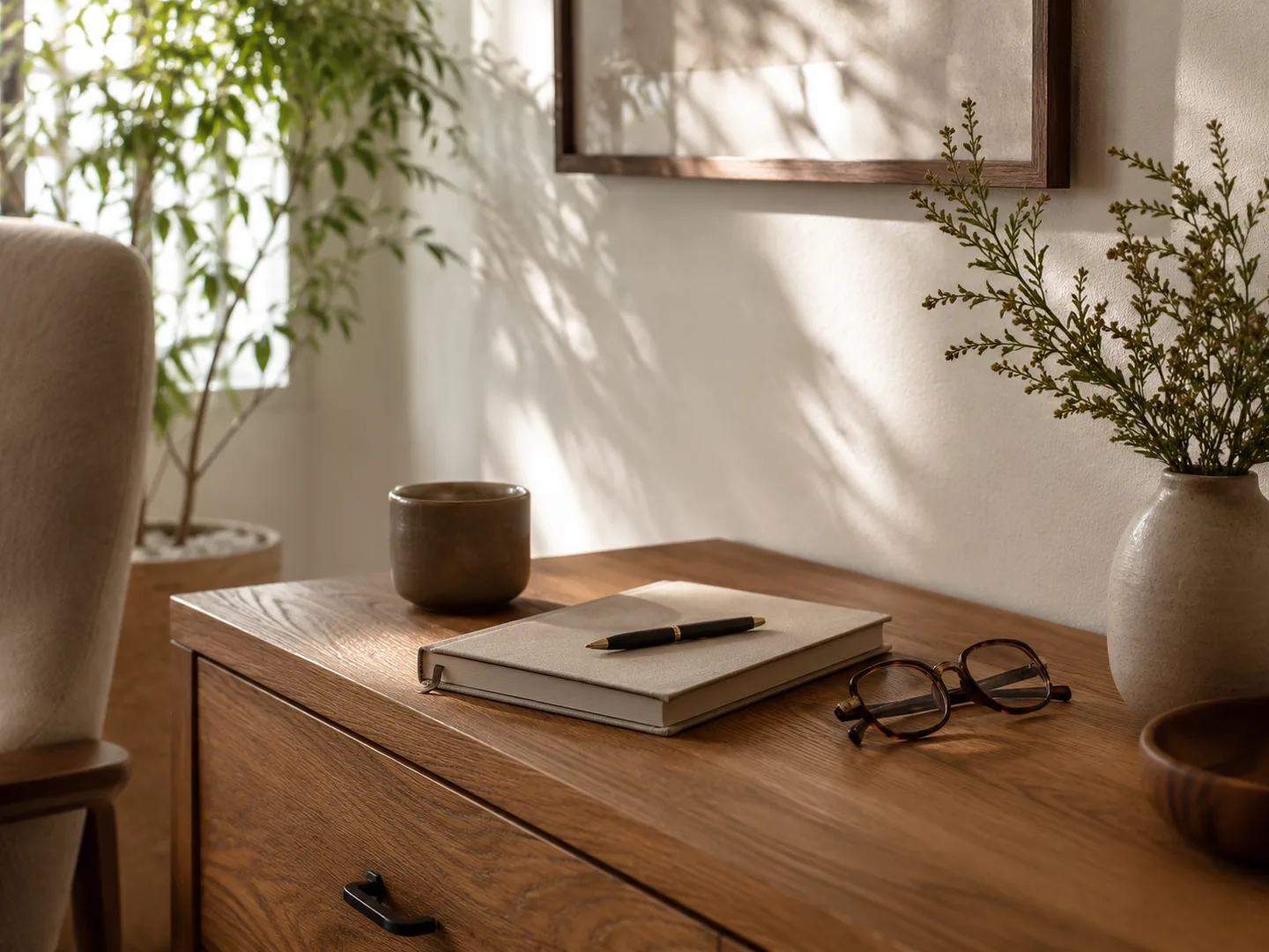 Oak sideboard with a linen appointment planner, pen, reading glasses, and ceramic cup